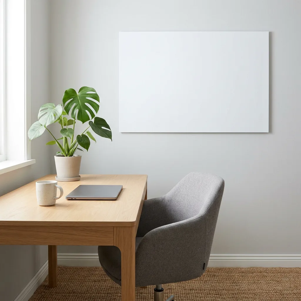Tableau blanc magnétique fixé sur la porte d’un réfrigérateur dans une cuisine claire