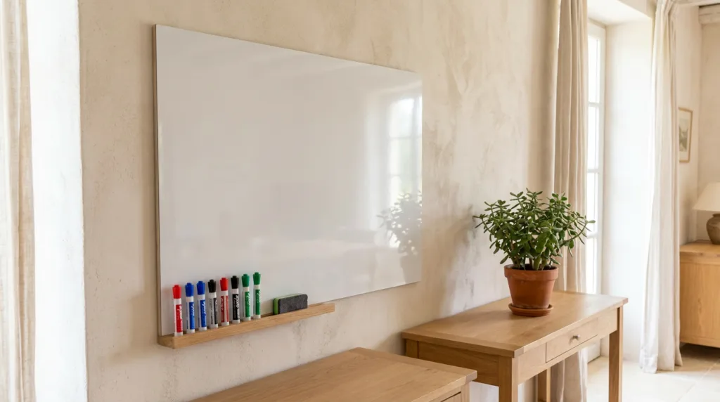 Tableau Planning posés sur un lit douillet dans une chambre lumineuse
