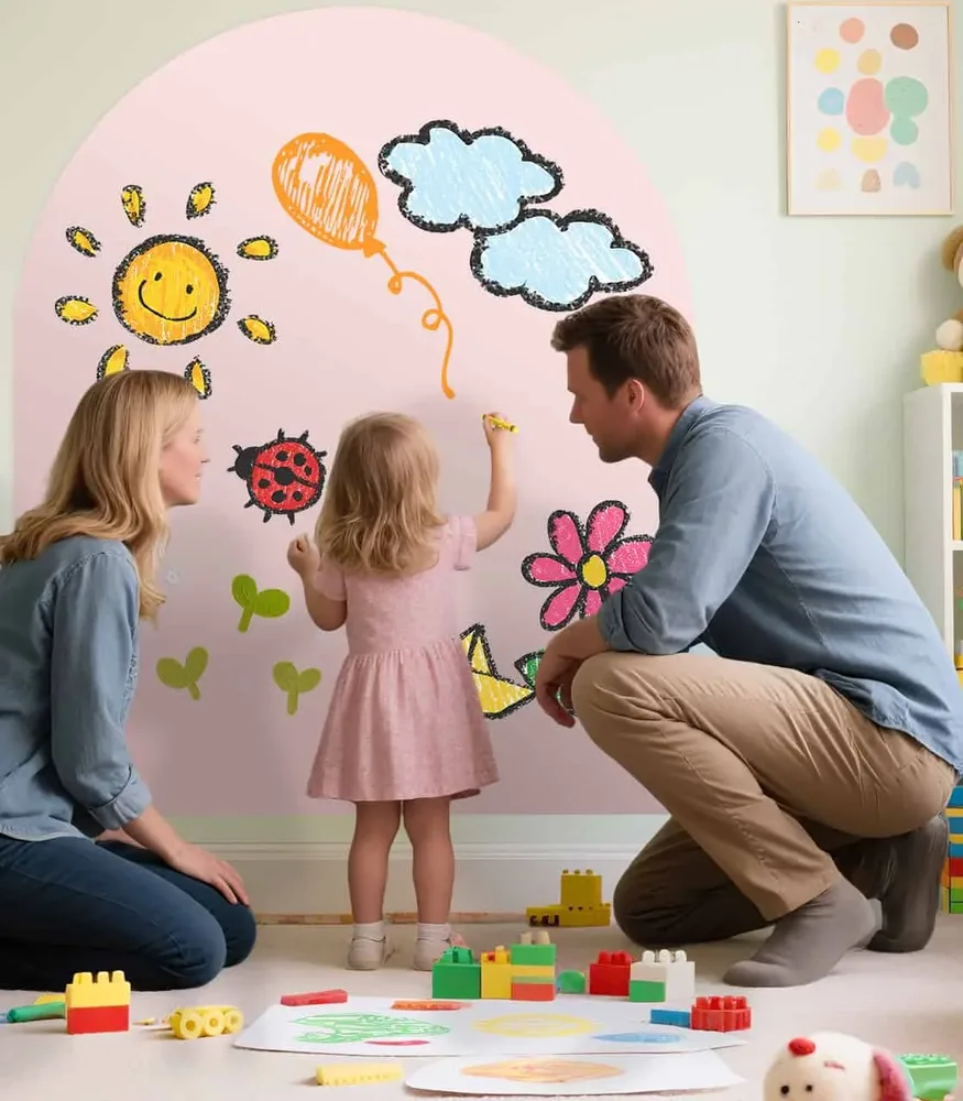 Panneau rose en forme d'arche fixé au mur, sur lequel une fillette dessine des motifs colorés sous le regard de ses parents