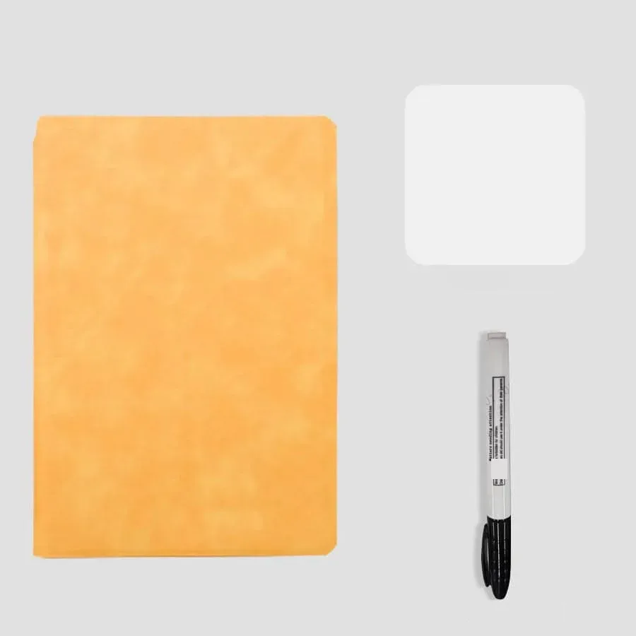 Tableau menu semaine effaçable jaune avec marqueur effaçable et chiffon nettoyant.